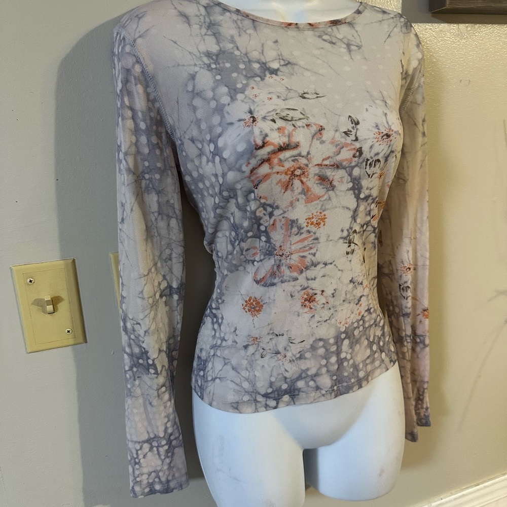 Kenneth Cole Abstract Floral Long Sleeve Top - Cream and Gray - Picture 2 of 4